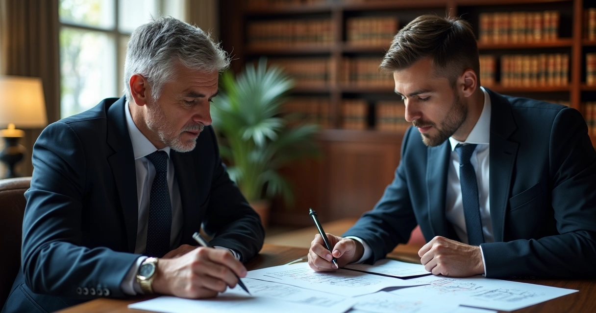 Advogados analisando laudo pericial com assistente técnico 