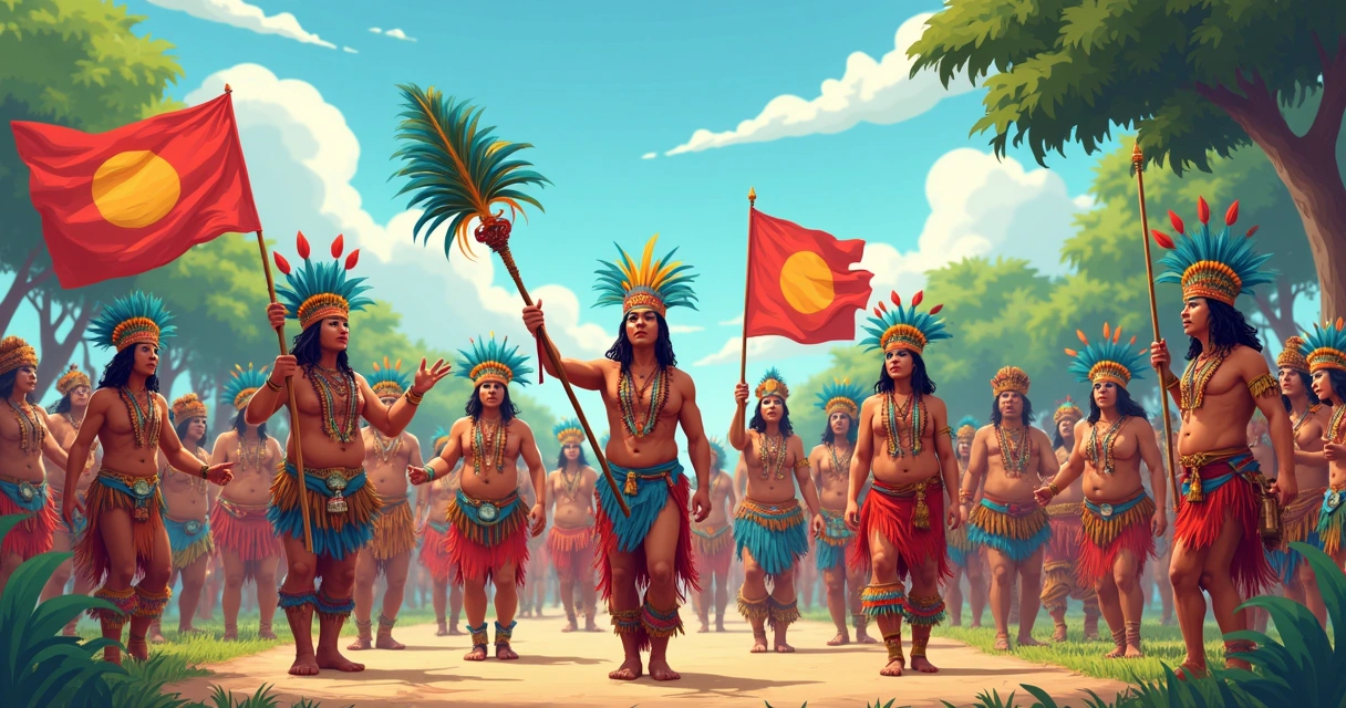 Manifestação indígena com pessoas com adereços tradicionais 