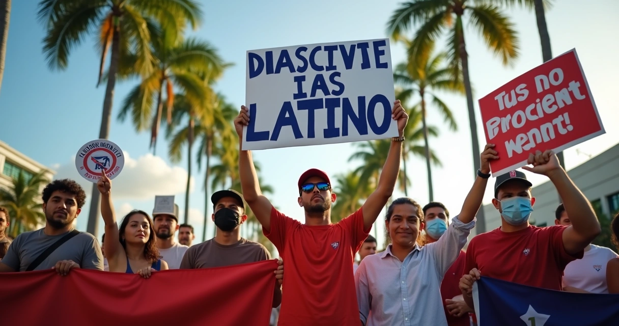 Grupo de latinos segurando cartazes de apoio e protesto em Miami 