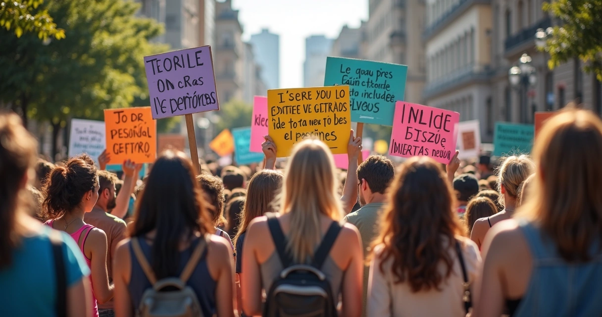 Pessoas segurando cartazes sobre linguagem inclusiva durante manifestação. 