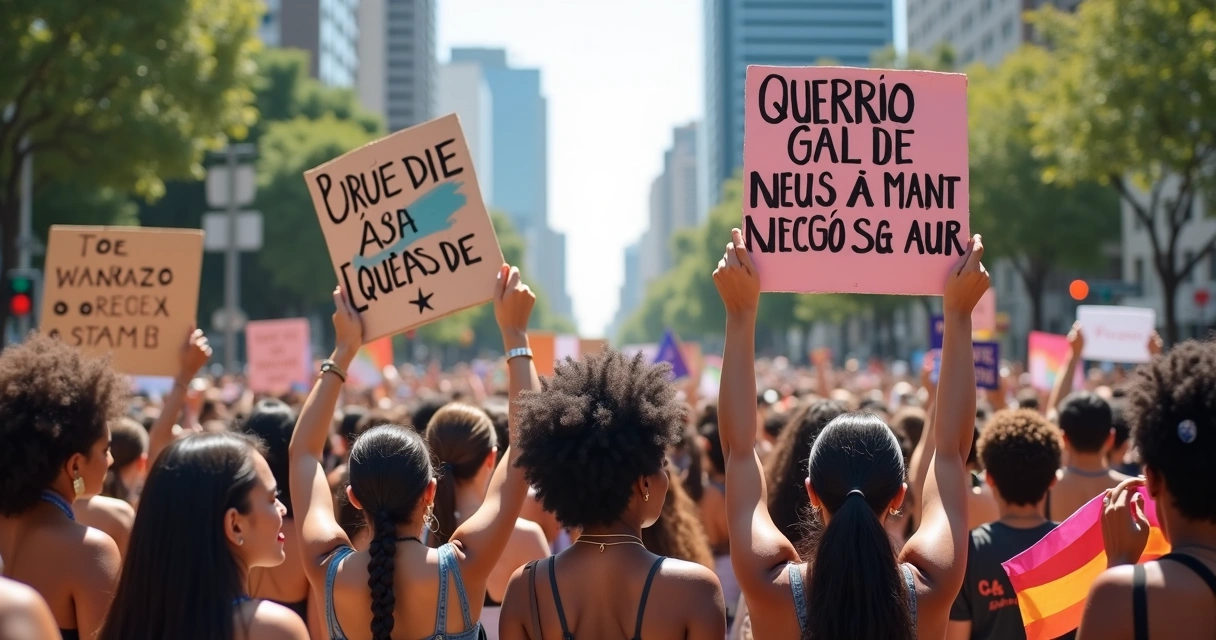 Manifestação multirracial com faixas de luta interseccional 