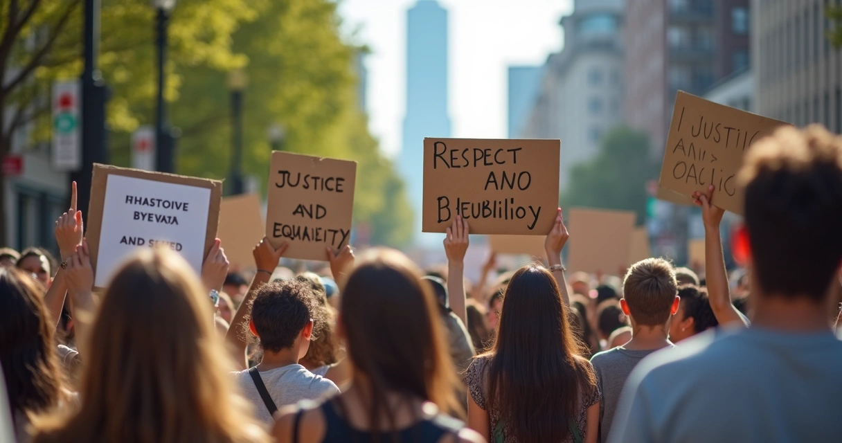 Pessoas seguram cartazes em protesto pacífico em rua movimentada.