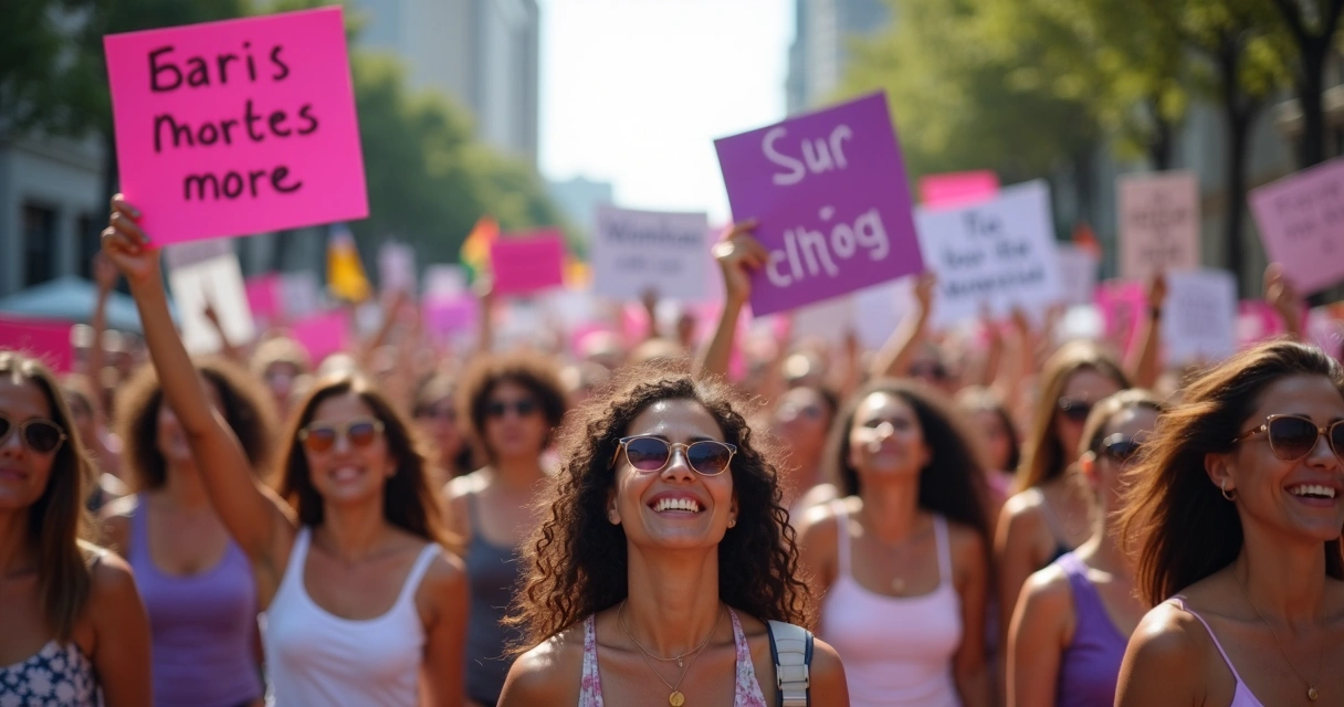 Manifestação de mulheres em praça pública segurando cartazes 
