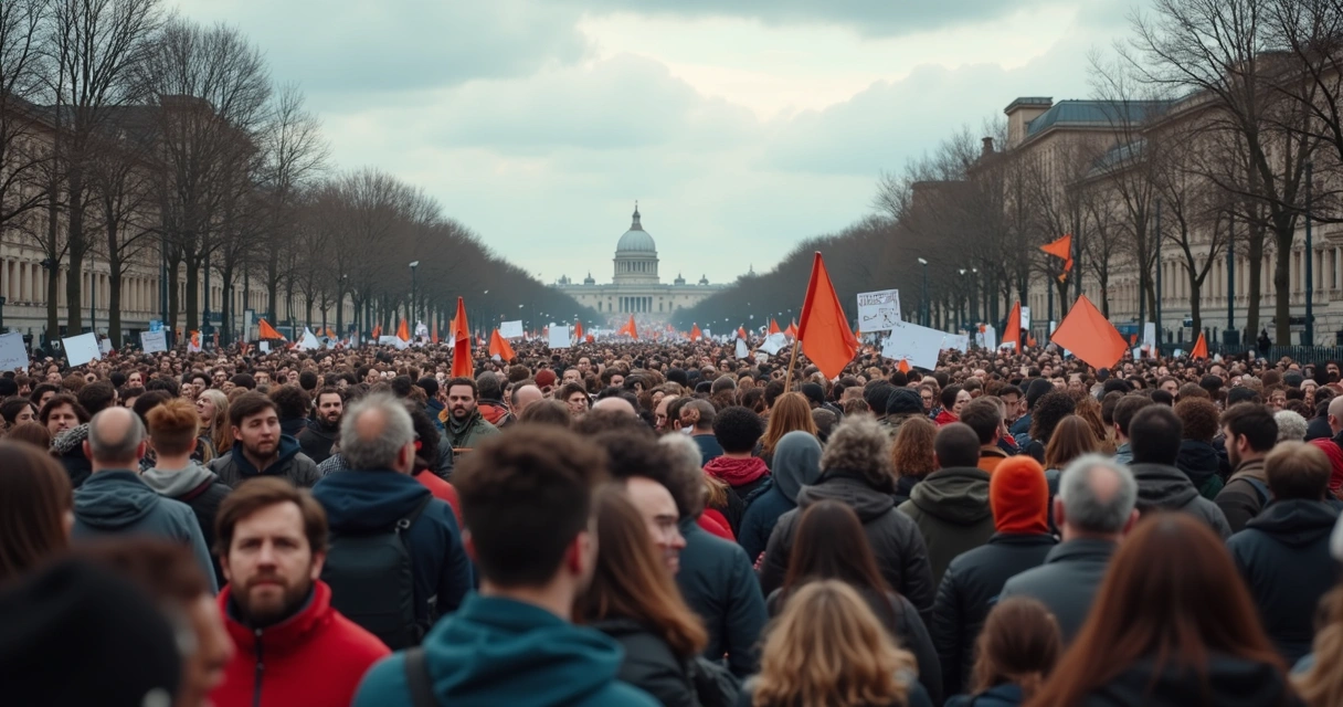 Multidão em manifestação segurando cartazes nas ruas 