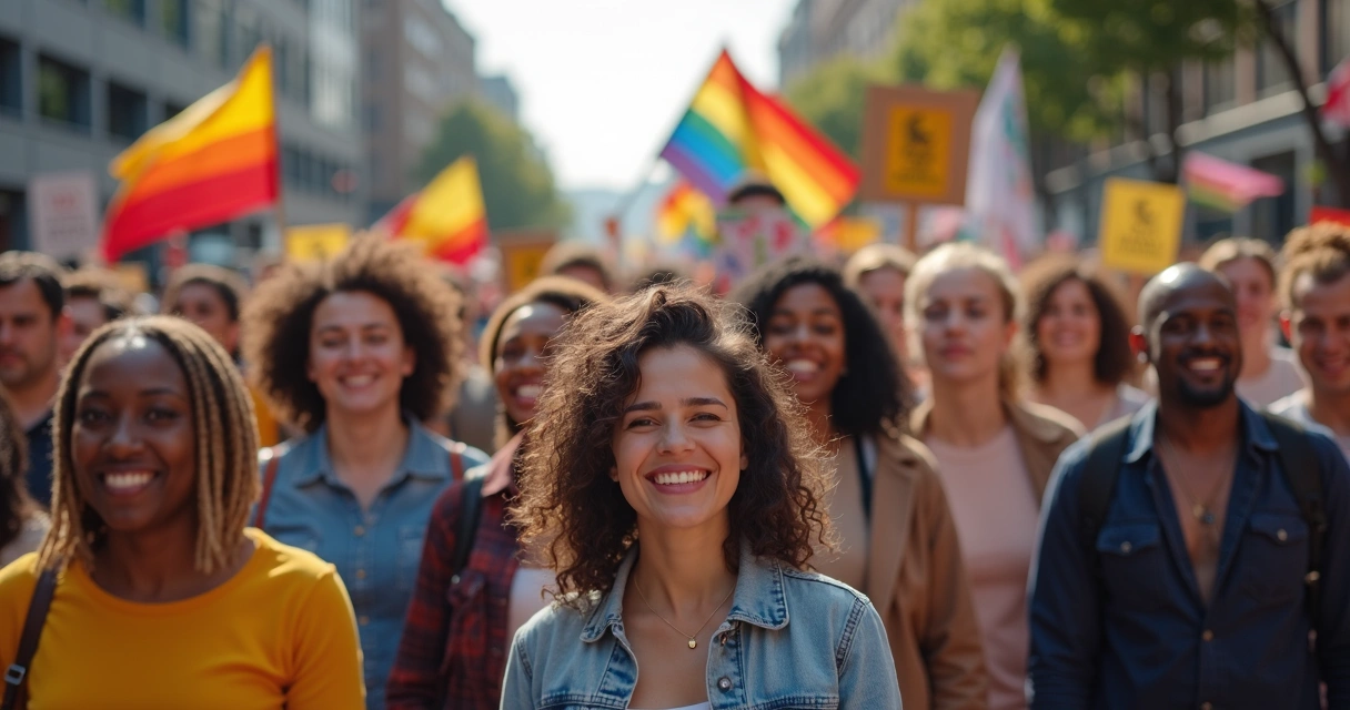 Grupo diverso de pessoas em manifestação social, segurando cartazes de orgulho coletivo