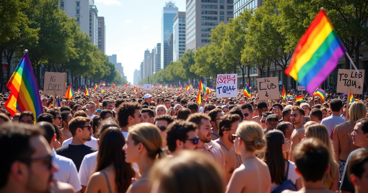 Manifestação LGBTQIA+ com diversidade de faixas 