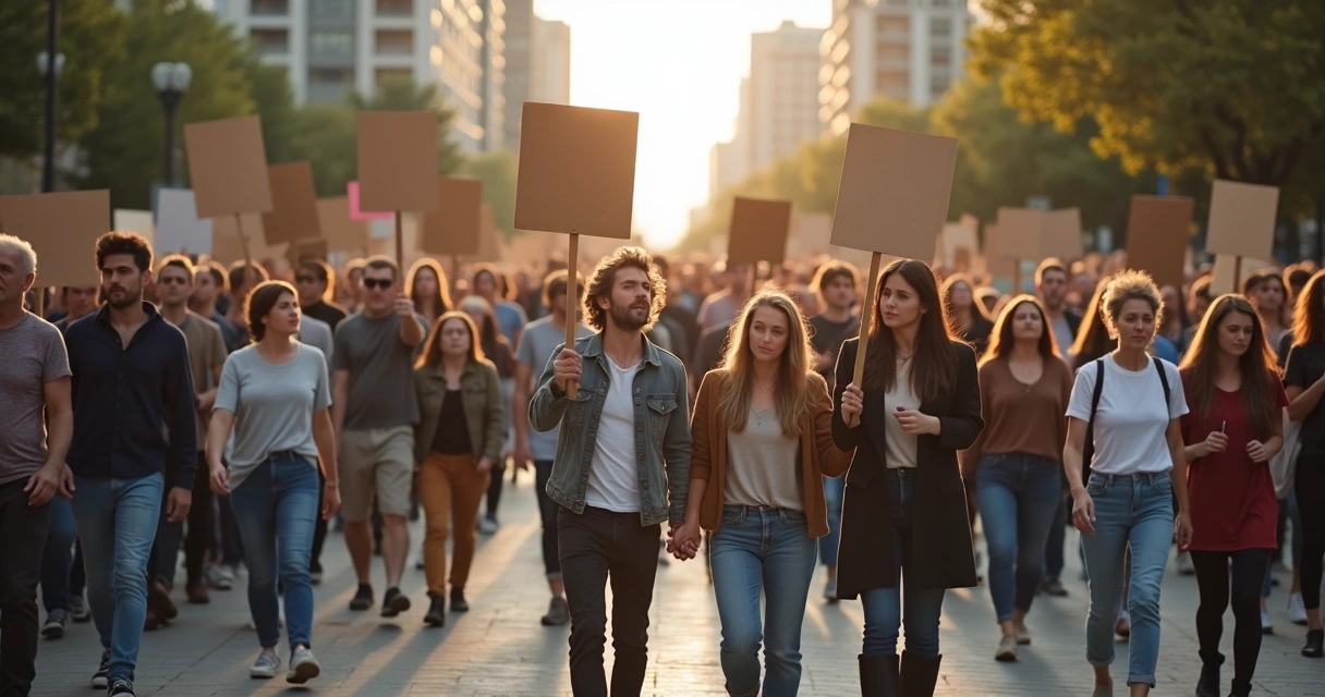 Pessoas reunidas em manifestação pacífica com cartazes