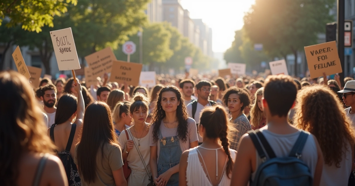 Manifestação pacífica com cidadãos segurando cartazes