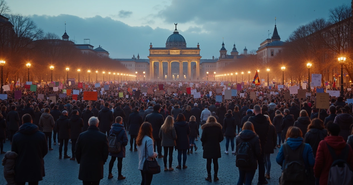 Pessoas reunidas em praça com cartazes, demonstrando sentimentos coletivos 