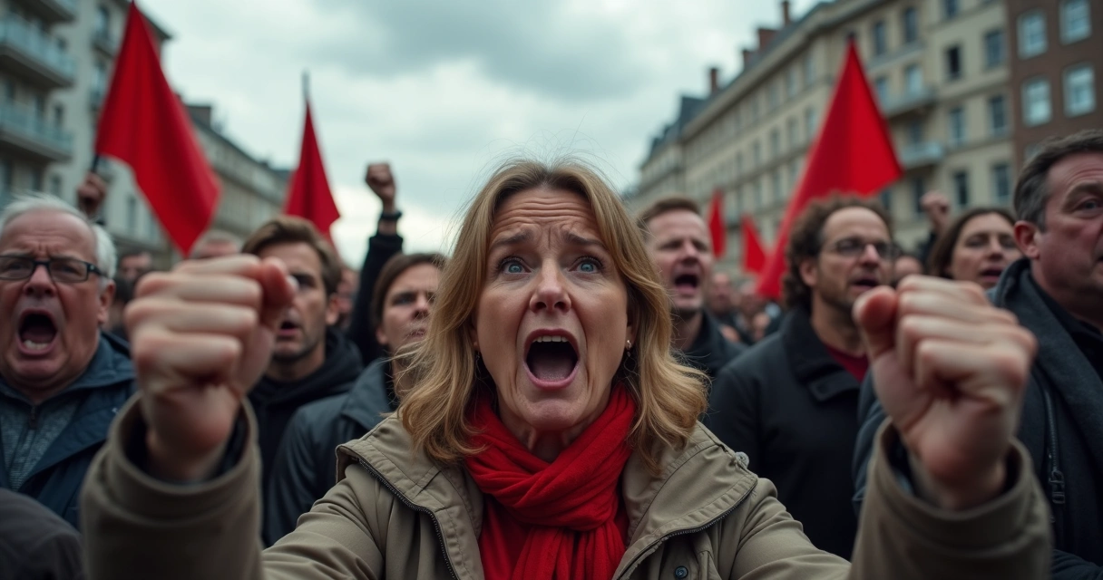 Manifestação de pessoas raivosas em uma rua 