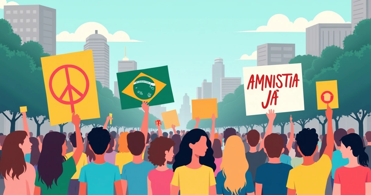 Manifestação política com pessoas segurando cartazes na praça central 