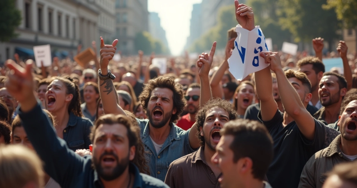 Pessoas participando de protesto político, expressando emoções variadas