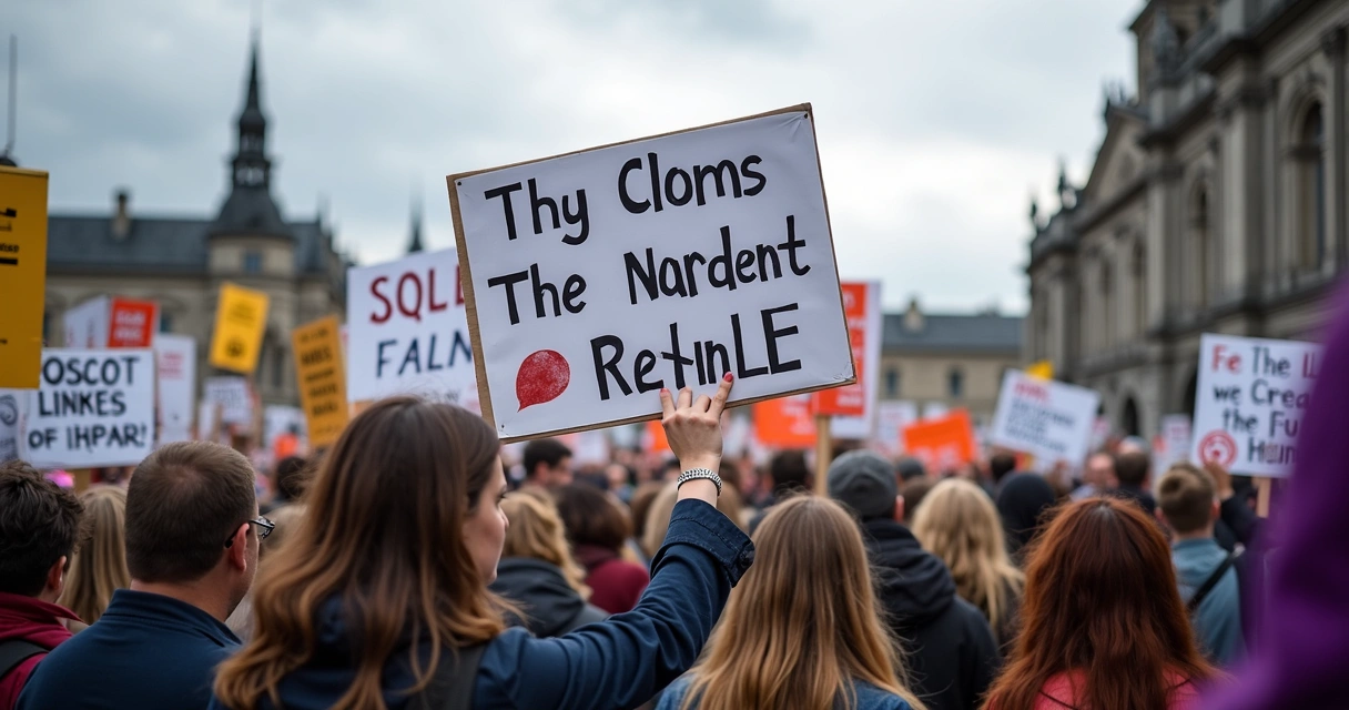 Protesto político em Dublin com pessoas segurando cartazes 