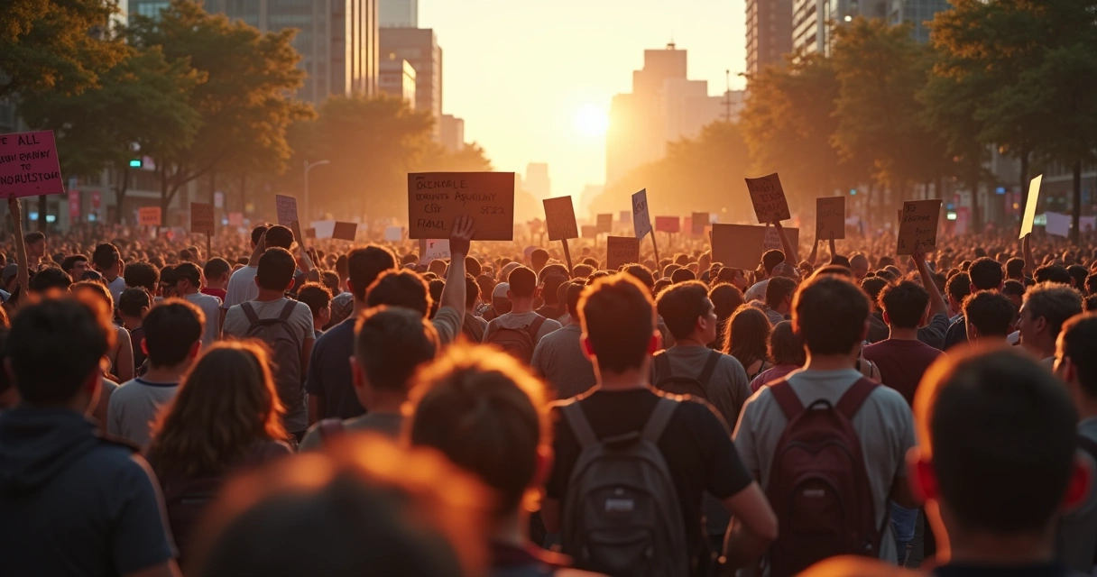 Multidão reunida em protesto político com cartazes e expressões sérias
