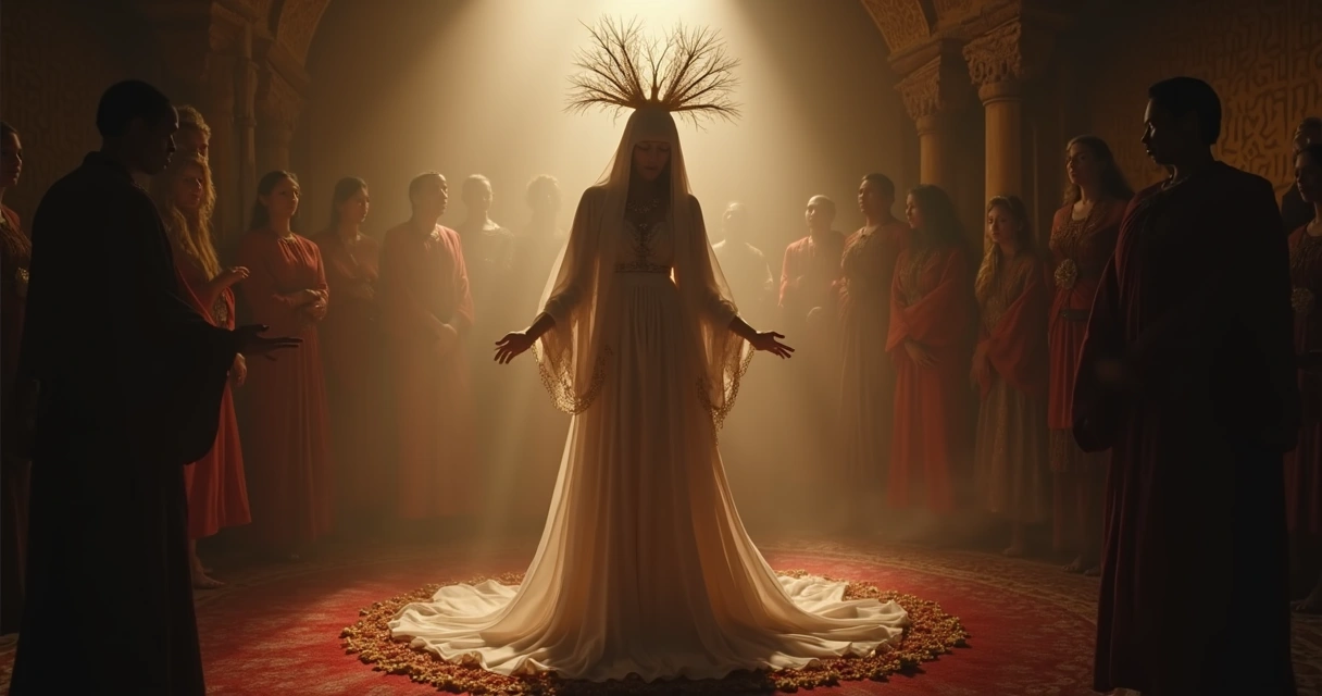 Médium de branco em ritual de Umbanda com energia escura ao fundo e presença feminina imponente 