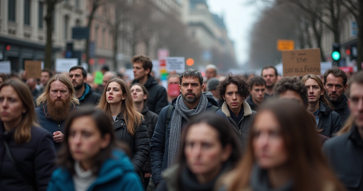 Pessoas em manifestação política com expressões fechadas e cartazes sobre segurança