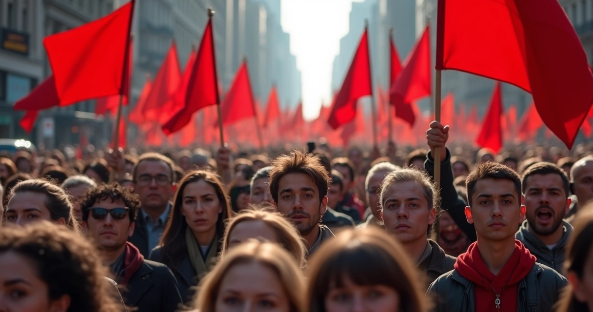 Manifestantes carregando bandeiras vermelhas em rua movimentada 