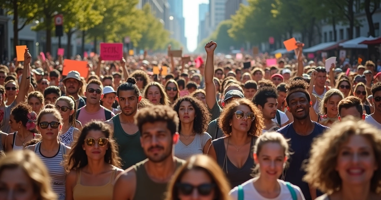 Pessoas unidas em manifestação nas ruas com cartazes coloridos 