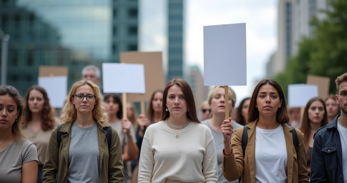Manifestantes com faixas silenciosos na rua 