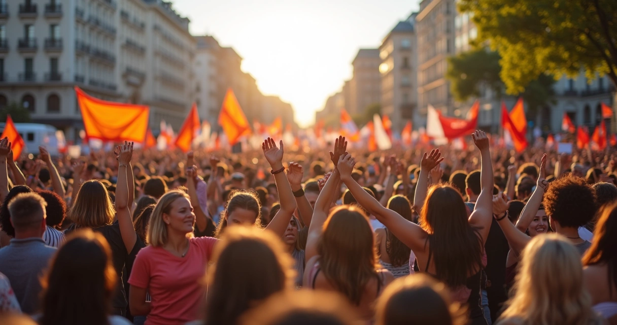 Manifestação coletiva com pessoas de mãos dadas mostrando emoção e união