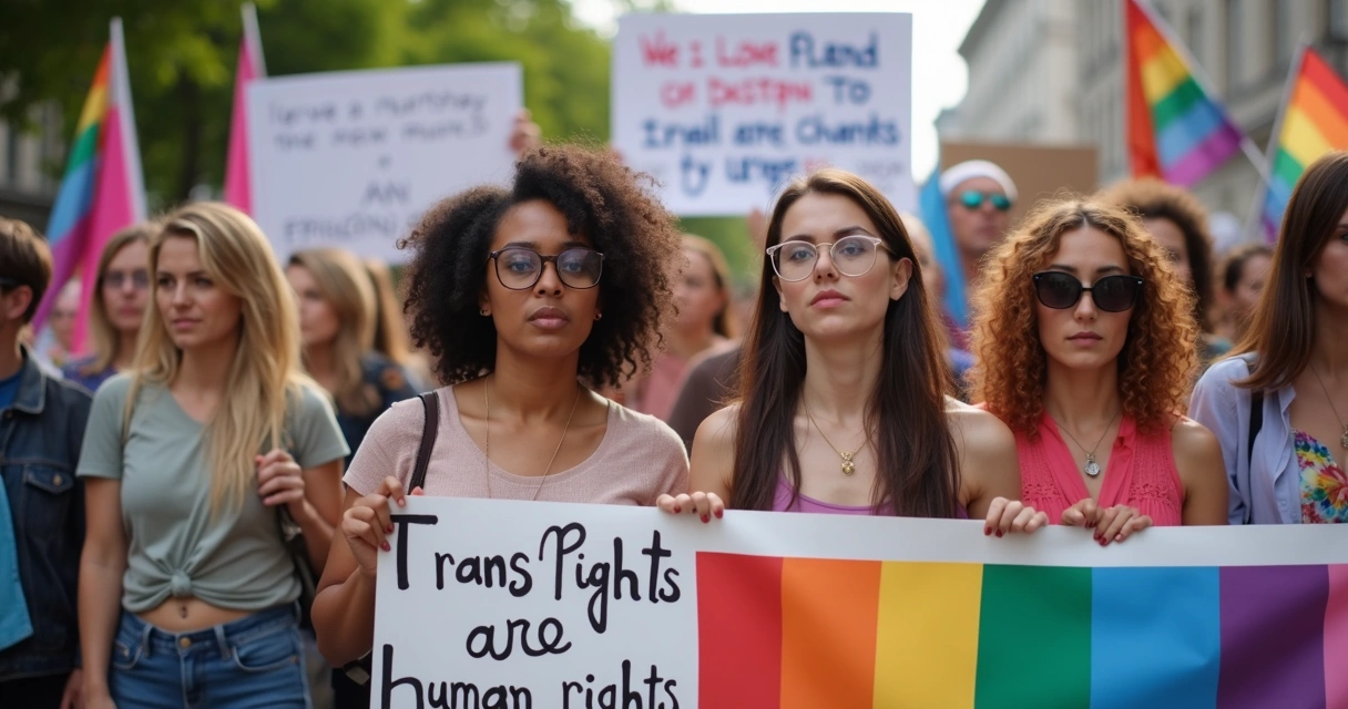 Pessoas com cartazes em manifestação contra transfobia 