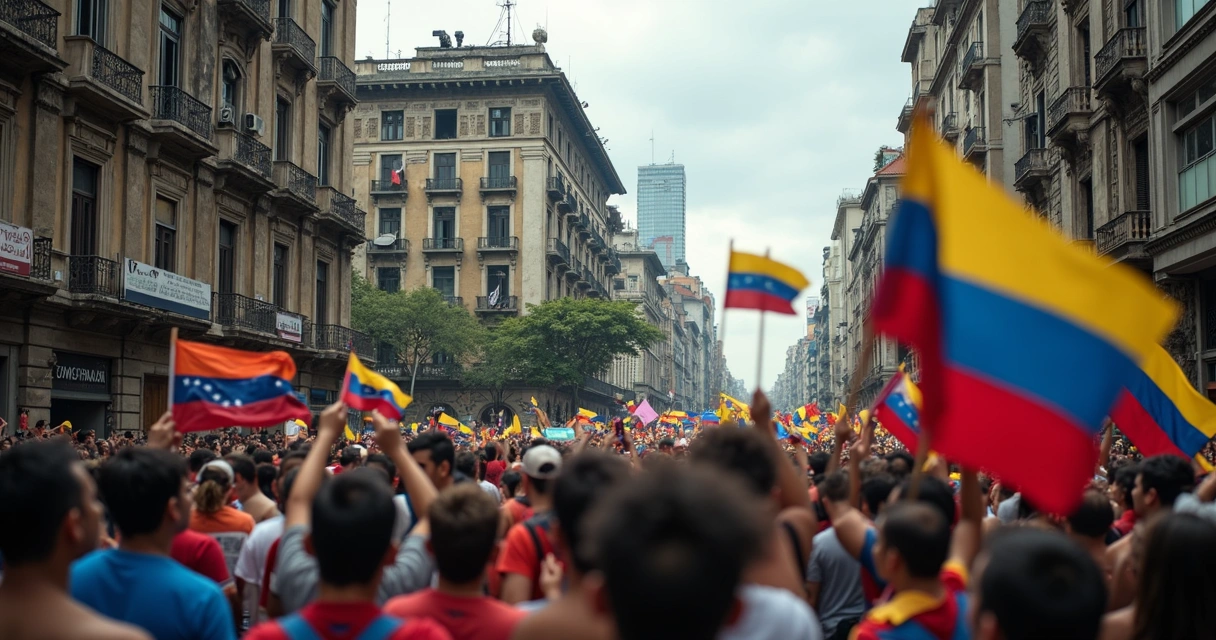 Manifestantes nas ruas de Caracas com cartazes 