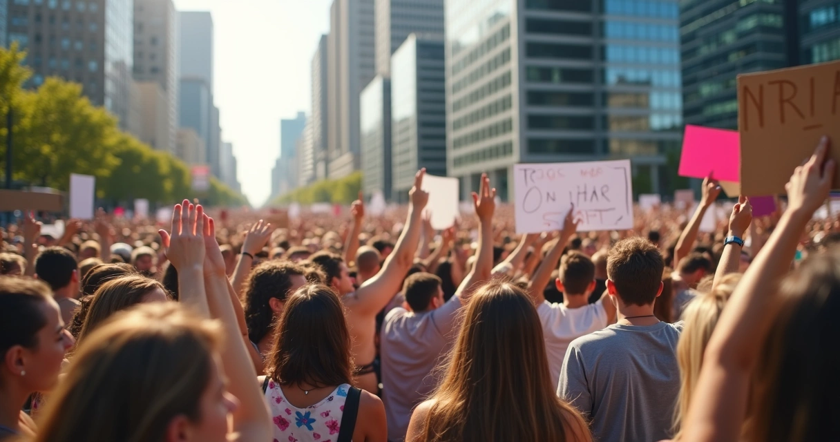 Manifestantes levantando pancartas políticas en una multitud urbana