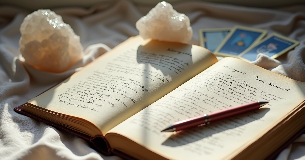 A journal, tarot cards, and a pen used during a moon ritual manifestation 