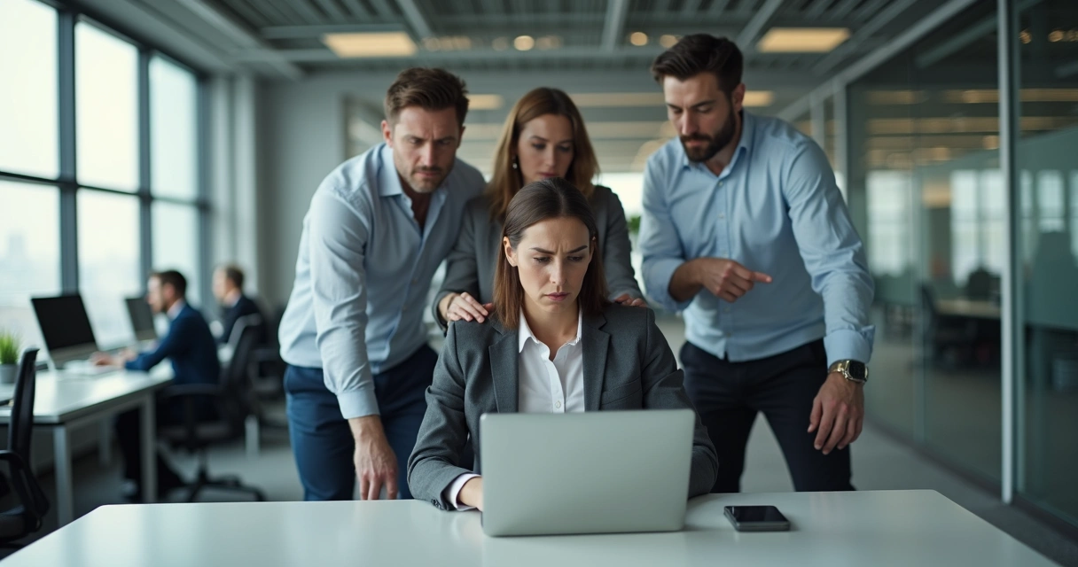 Profissional isolado em escritório cercado por colegas controladores 