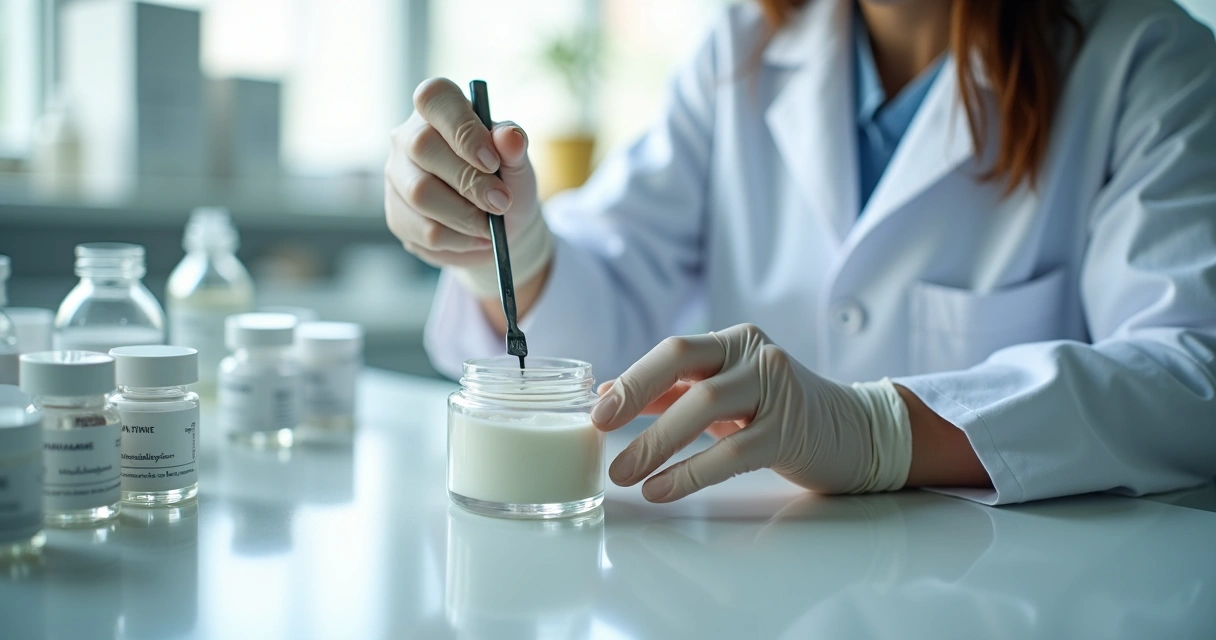Laboratório preparando creme dermatológico em pote de vidro 