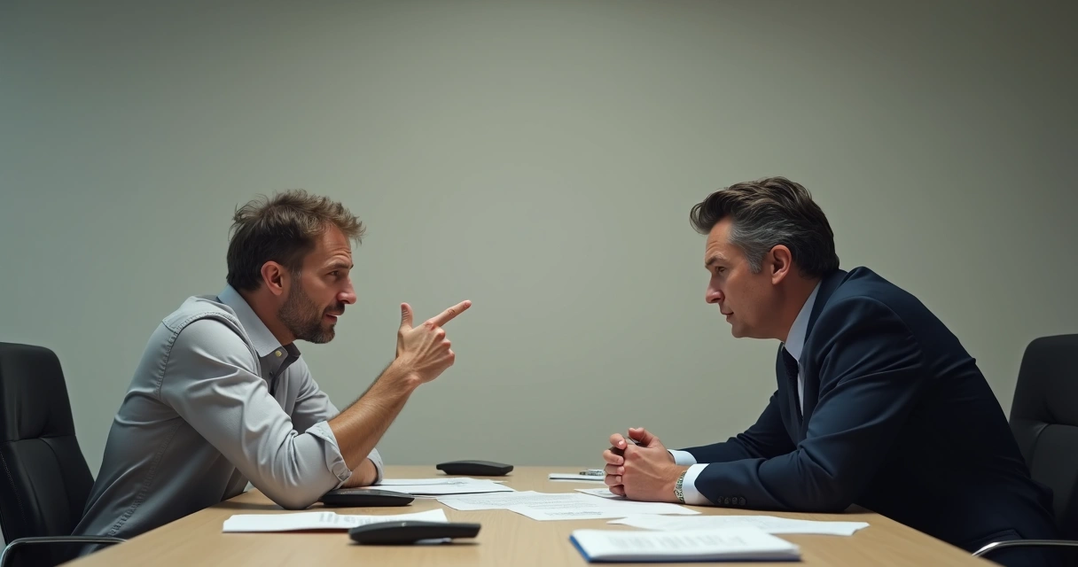 Duas pessoas discutindo em uma sala, expressão séria, tensão no ar 