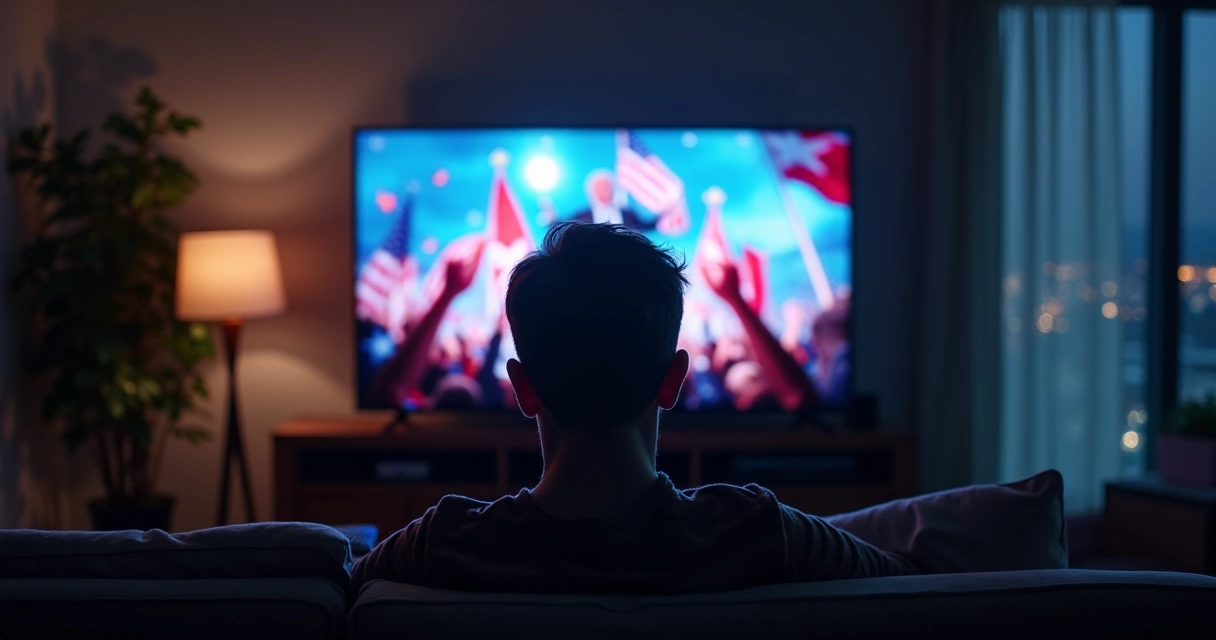 Pessoa assistindo propaganda política com mãos invisíveis ajustando suas expressões emocionais 