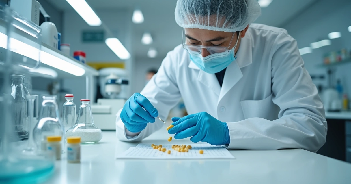 Técnico de laboratório manipulando cápsulas de probióticos