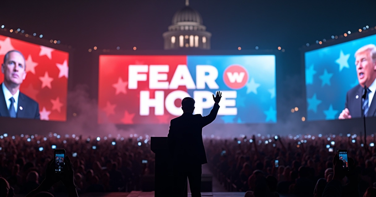 Político en mitin usando pantallas y símbolos para influir en la multitud 