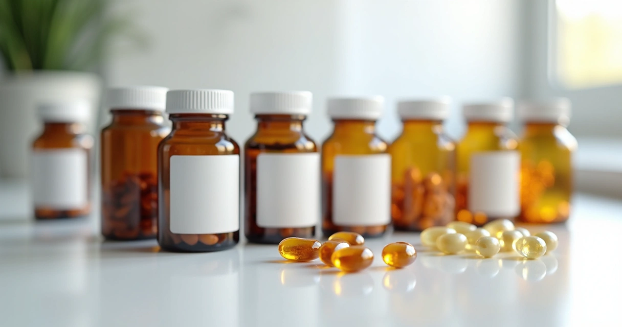 Frascos de cápsulas e produtos manipulados alinhados sobre mesa branca