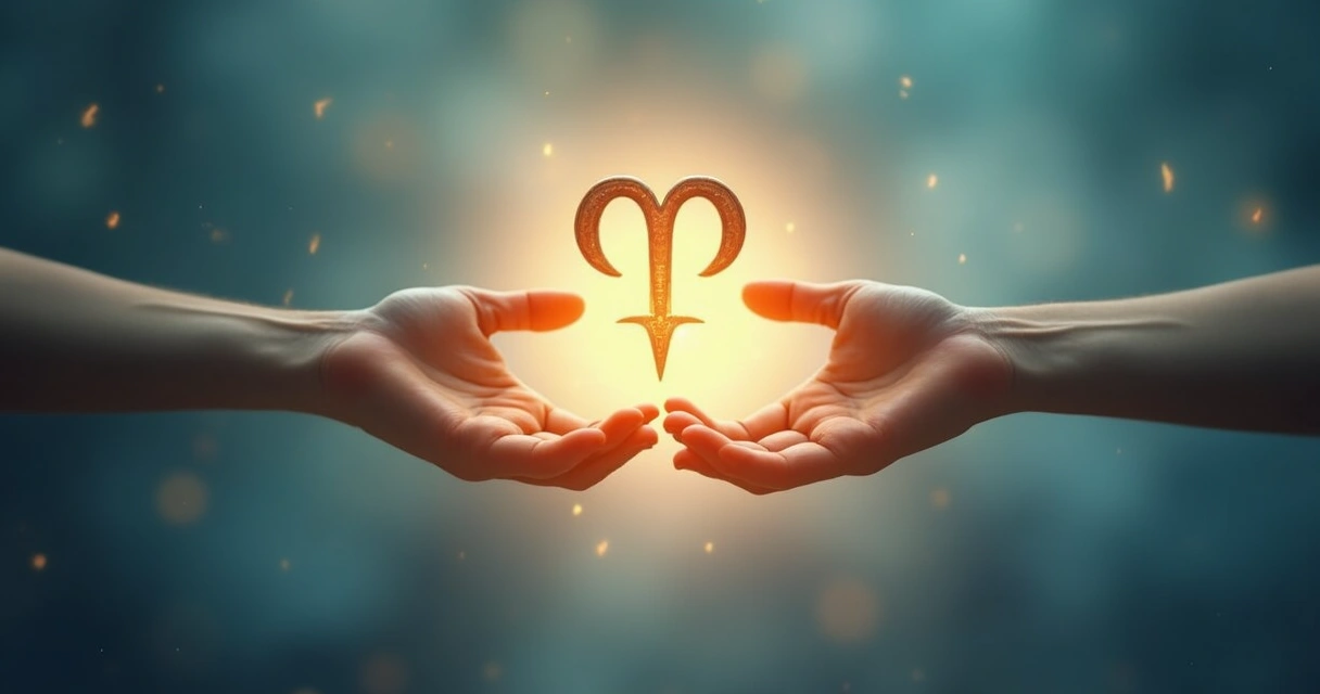 Two hands reaching out to each other with the Mannaz rune symbol glowing between them, surrounded by soft light and gentle backgrounds. 