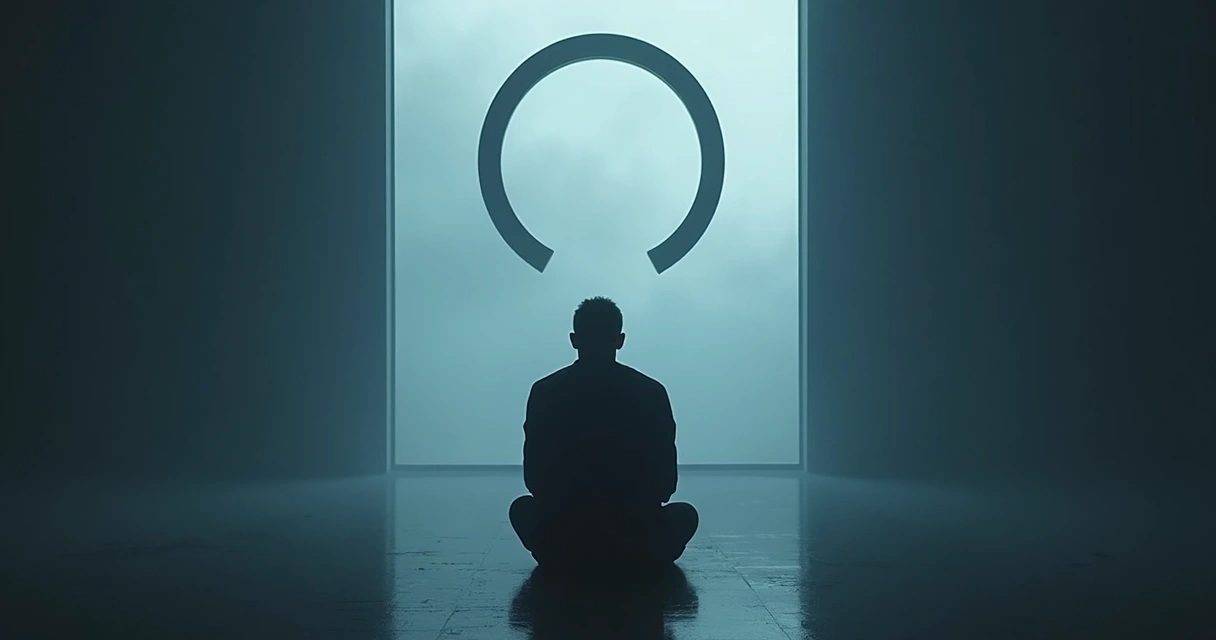 A person sitting alone in shadow, facing a mirror showing the reversed Mannaz rune, surrounded by cool tones and a sense of introspection. 