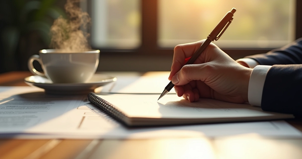 Mano escribiendo en lista sobre una mesa de madera, café al lado y luz cálida 