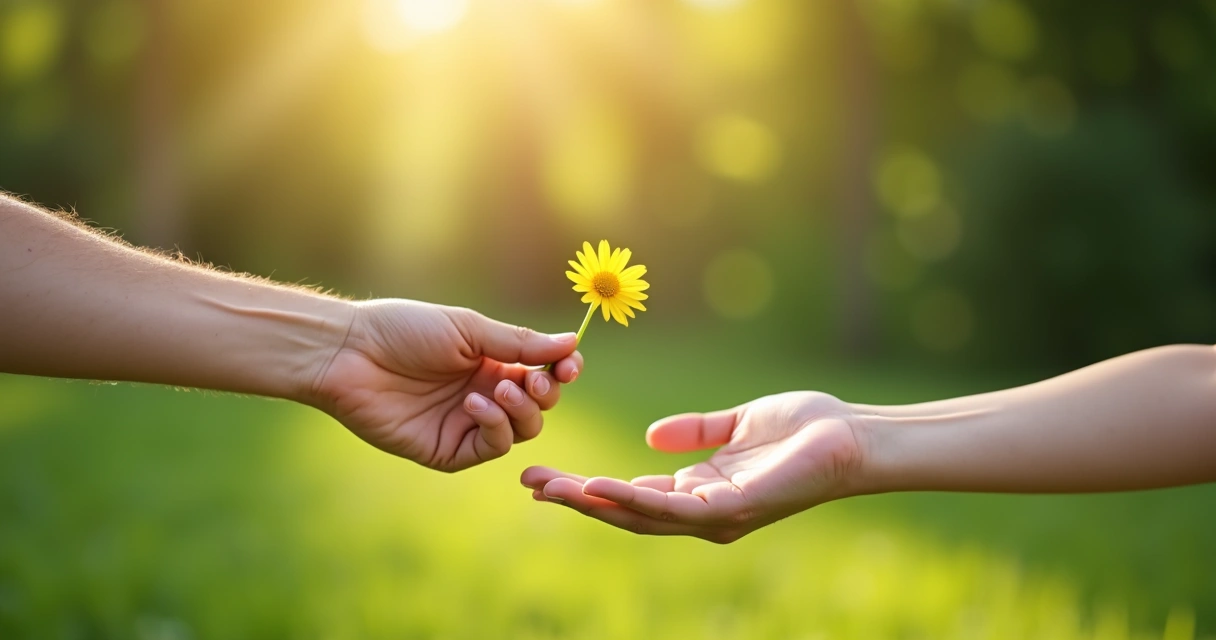 Mano ofreciendo una flor a otra persona en un entorno natural.