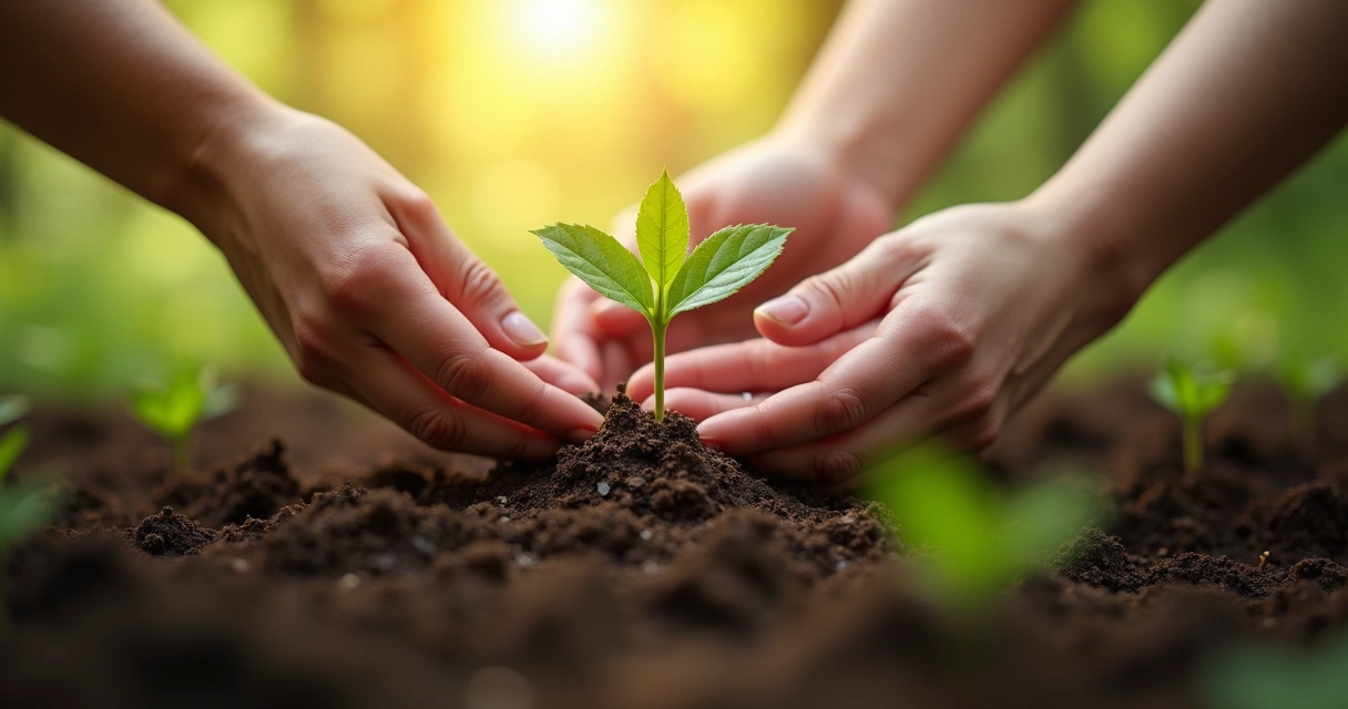 Mano plantando una semilla en tierra fértil representando conexión, colaboración y crecimiento