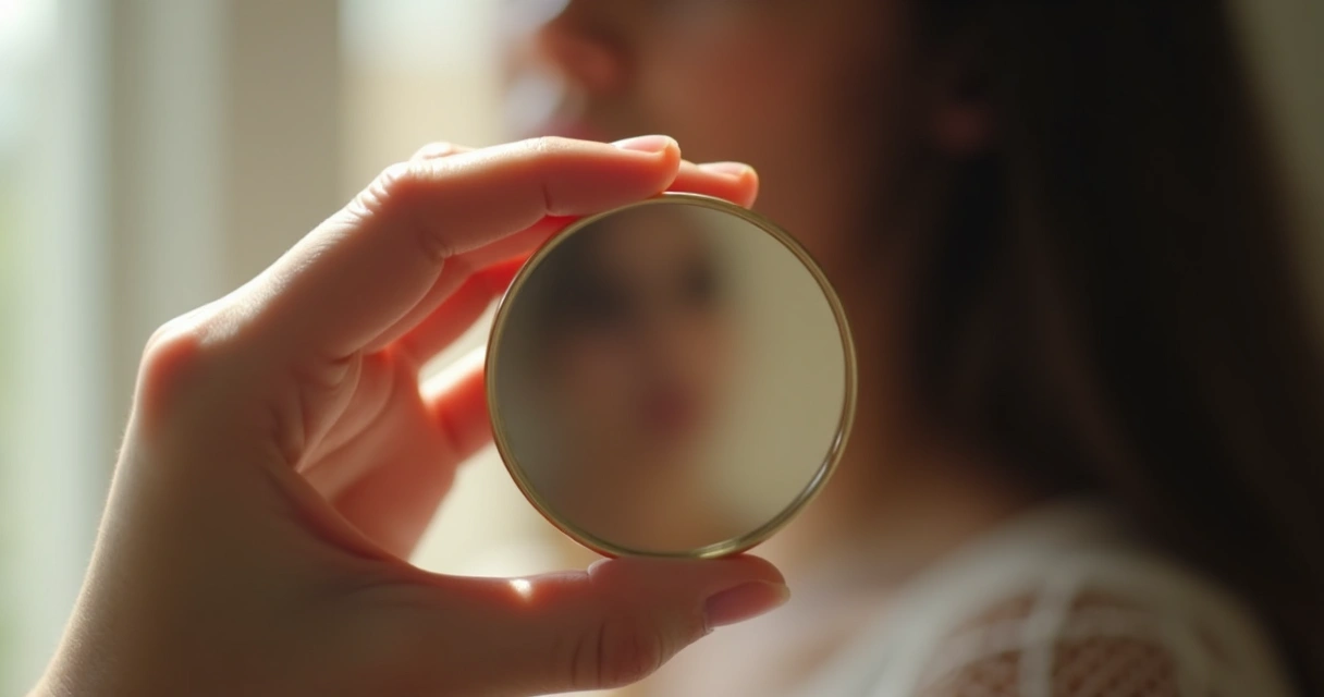 Mano sosteniendo pequeño espejo redondo con reflejo borroso