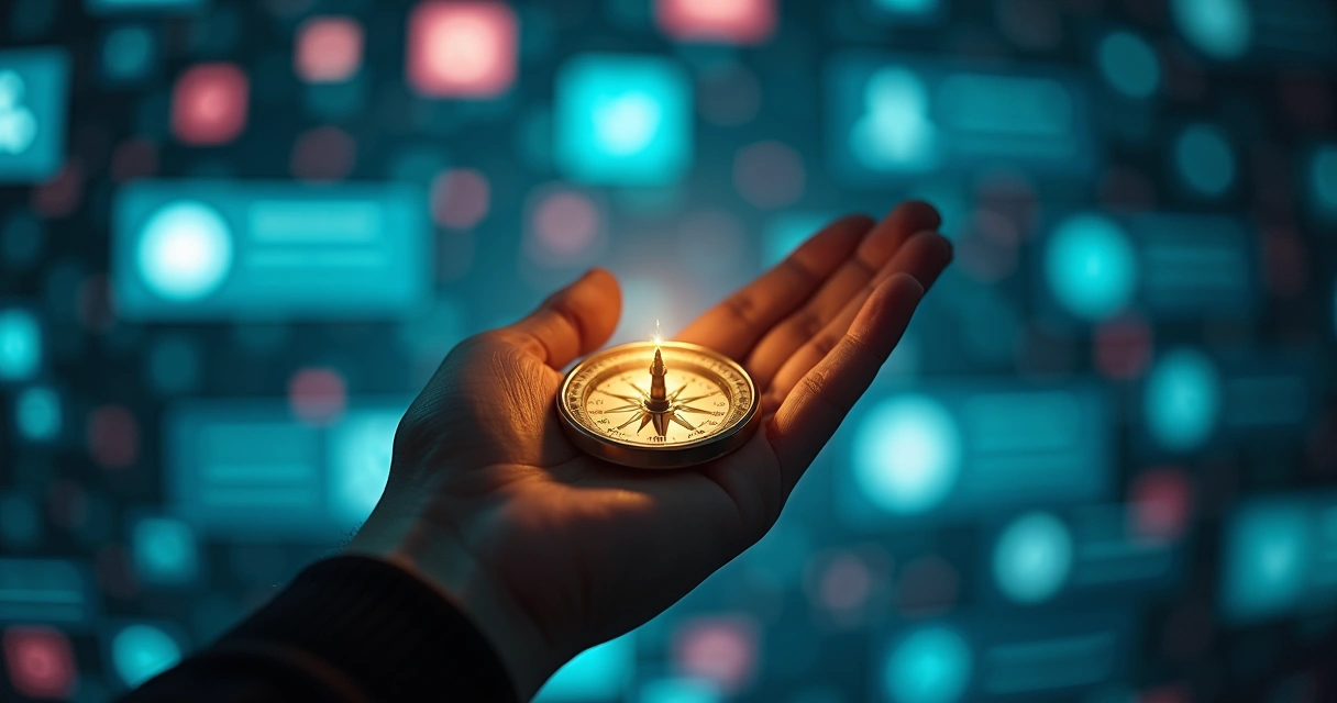 Mano sosteniendo una brújula luminosa frente a un muro de iconos de redes sociales 
