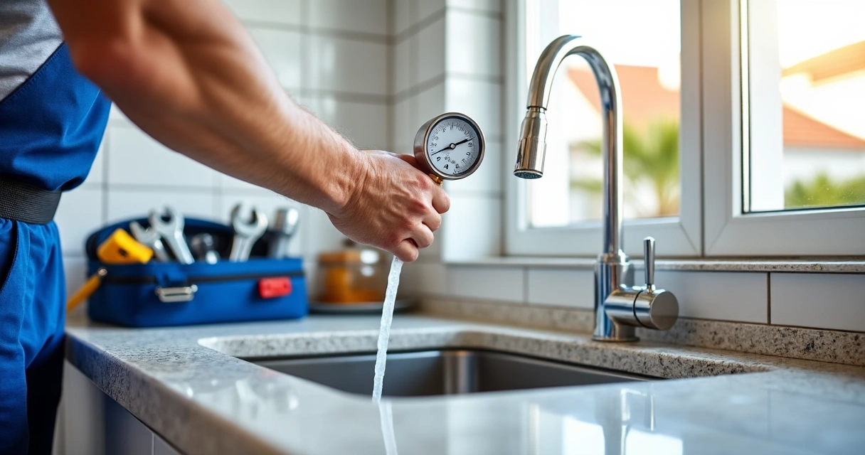 Canalizador mede pressão baixa da água com manómetro numa torneira da cozinha 