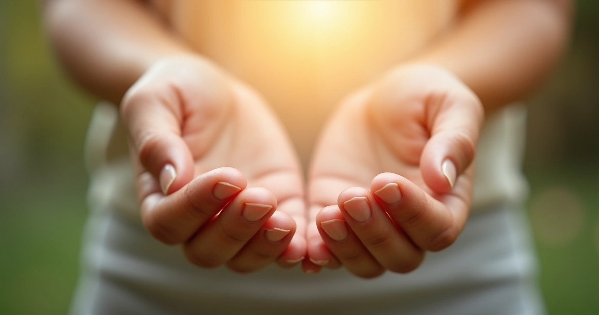 Manos abiertas con luz suave entre los dedos 