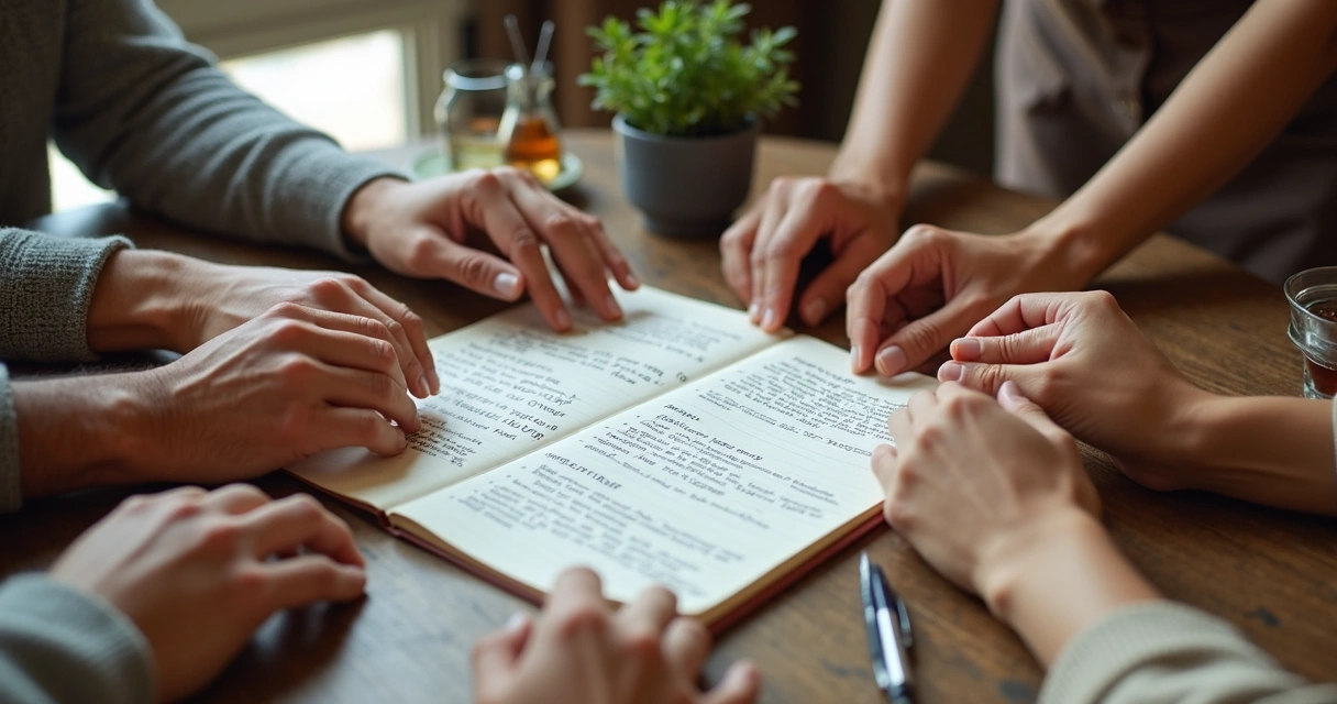 Manos de varias personas sobre una mesa con un cuaderno de acuerdos