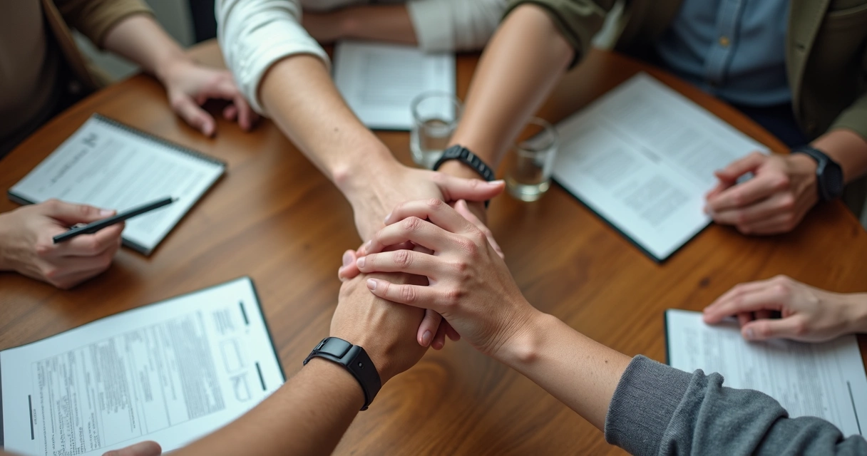 Manos de varias personas unidas sobre una mesa de trabajo 
