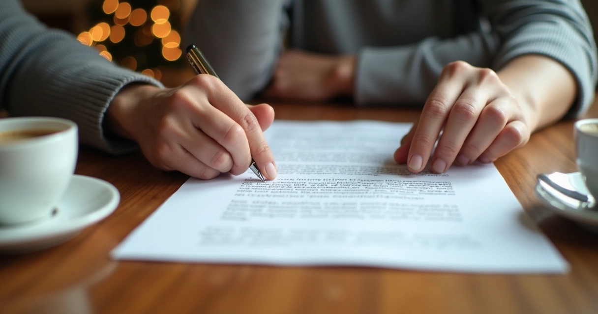 Dos manos señalando un papel con acuerdos sobre una mesa 