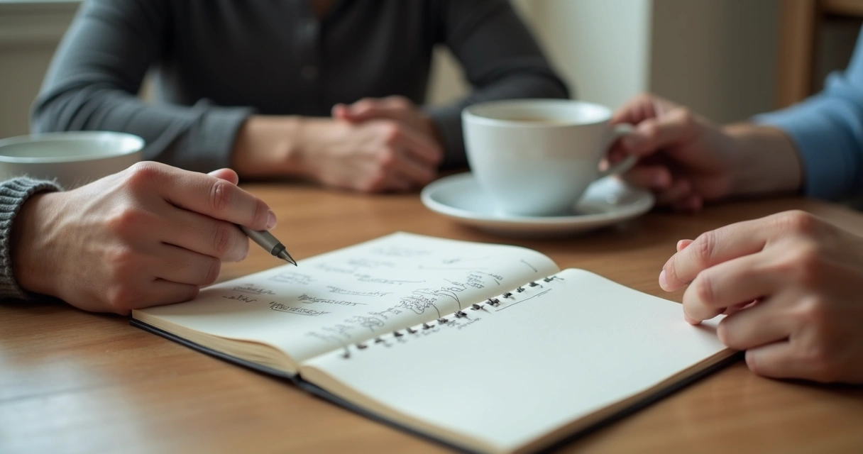 Dos manos sobre una mesa junto a notas y tazas de café