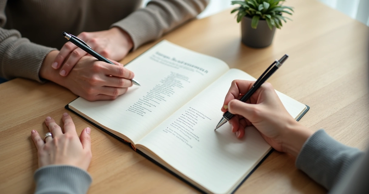 Dos manos escribiendo acuerdos en un cuaderno