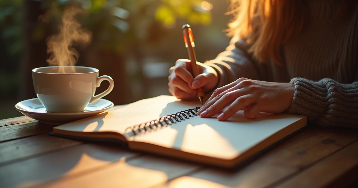 Manos escribiendo en un diario, junto a taza de té y luz cálida de fondo 